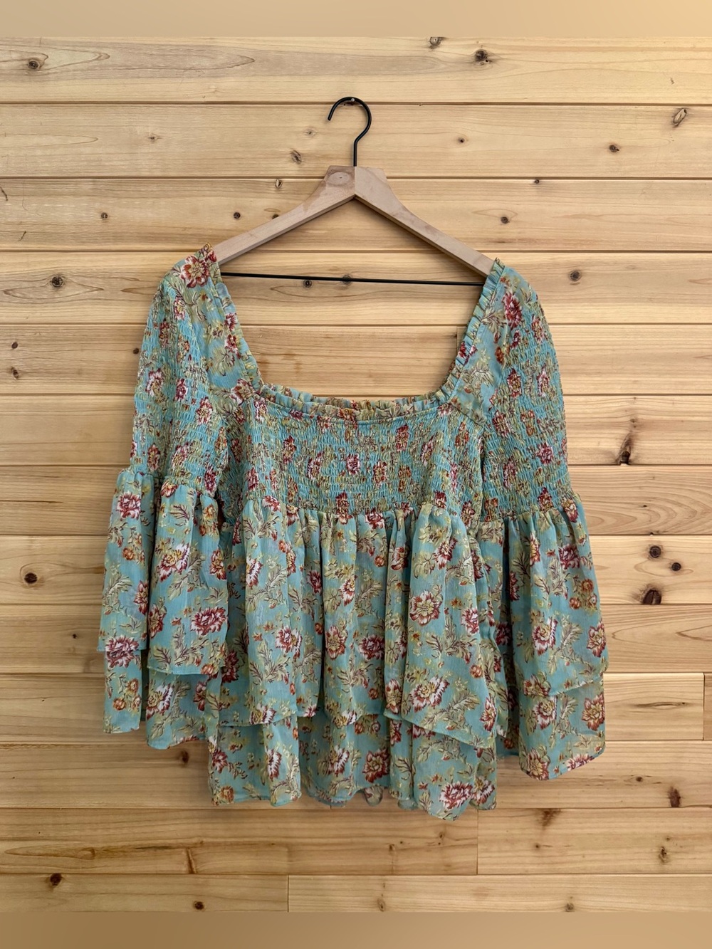 Free People Large Golden Age Floral Chiffon Smocked Blouse Cottagecore Flowy